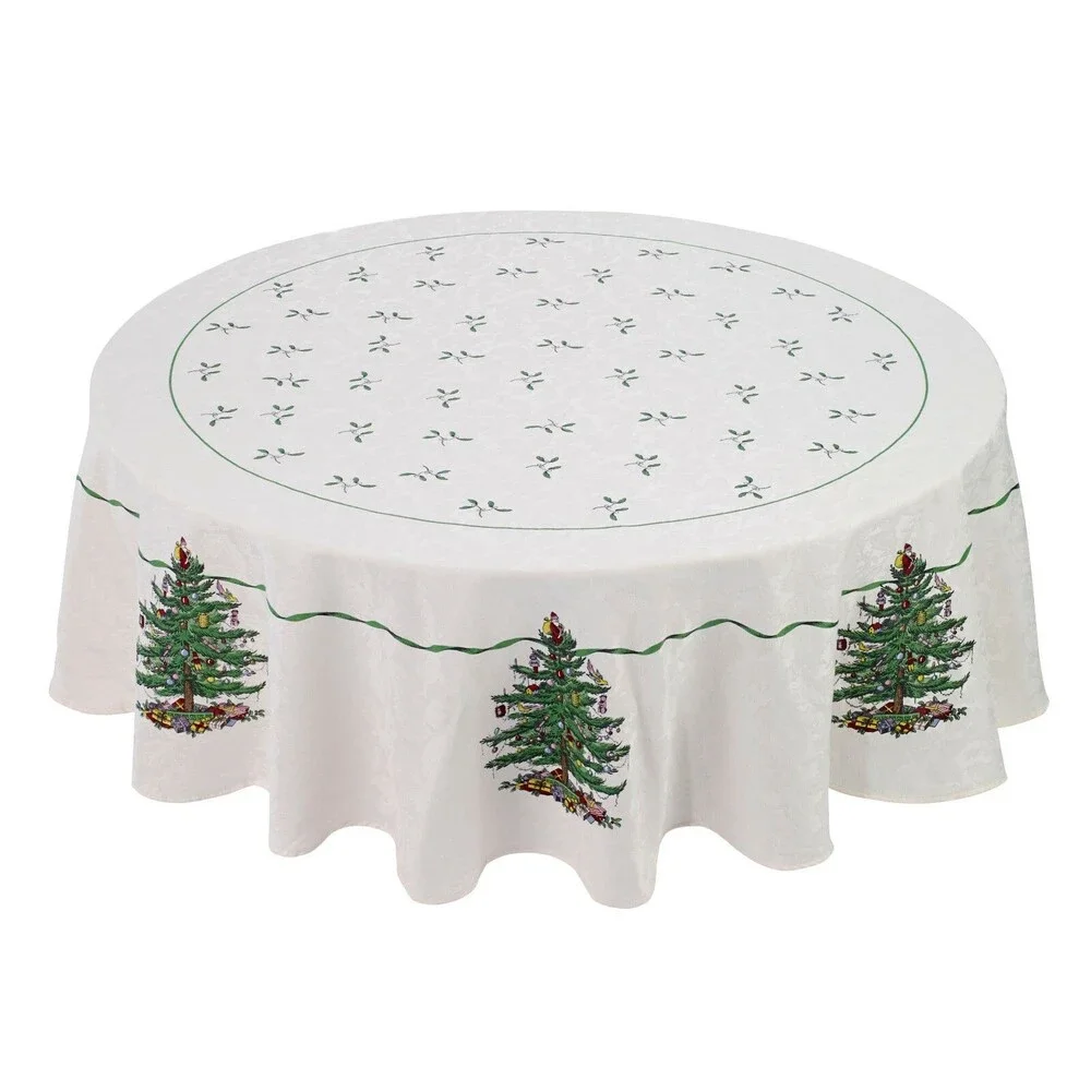 Spode Christmas Tree Fabric Tablecloth Holiday Holly Green Ribbon 70